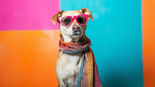 occhiali da sole per cani e sciarpa in studio con uno sfondo colorato e luminosoUn cane divertente Generativo Ai