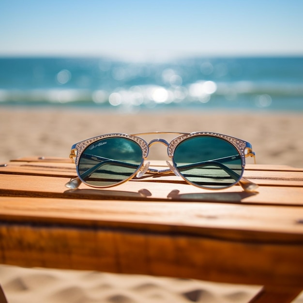 Occhiali da sole su un tavolo di legno su una spiaggia con un oceano blu sullo sfondo ai generativo