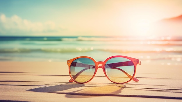 Occhiali da sole su un tavolo di legno su una spiaggia