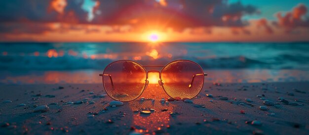 occhiali da sole su una spiaggia con il sole che tramonta dietro di loro