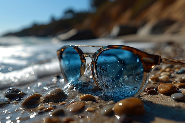 occhiali da sole su una spiaggia con l'acqua che spruzza intorno a loro