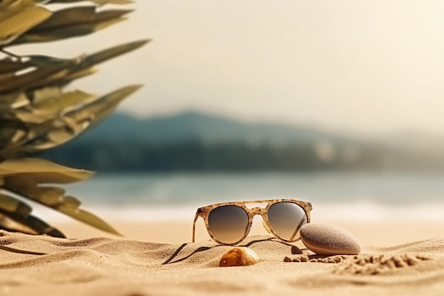 Occhiali da sole su una spiaggia con una palma sullo sfondo