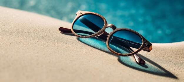 Occhiali da sole sulla sabbia vicino a una piscina con uno sfondo blu generativo ai