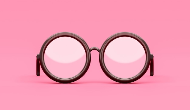 Occhiali di moda 3d neri isolati su sfondo rosa alla moda con concetto di stile retrò classico o occhiali da sole indossano lenti ottiche eleganti hipster con montatura rotonda e occhiali da vista per studenti studiano attrezzature scolastiche