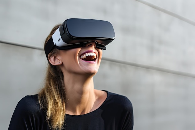 Occhiali di realtà virtuale Giovane che usa un auricolare di realtà virtuale Vr Tecnologia futuristica Illustrazione generativa di IA