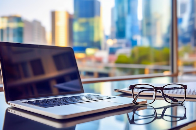 Occhiali e libro sul tavolo con lo sfondo del paesaggio urbano concetto di business e istruzione