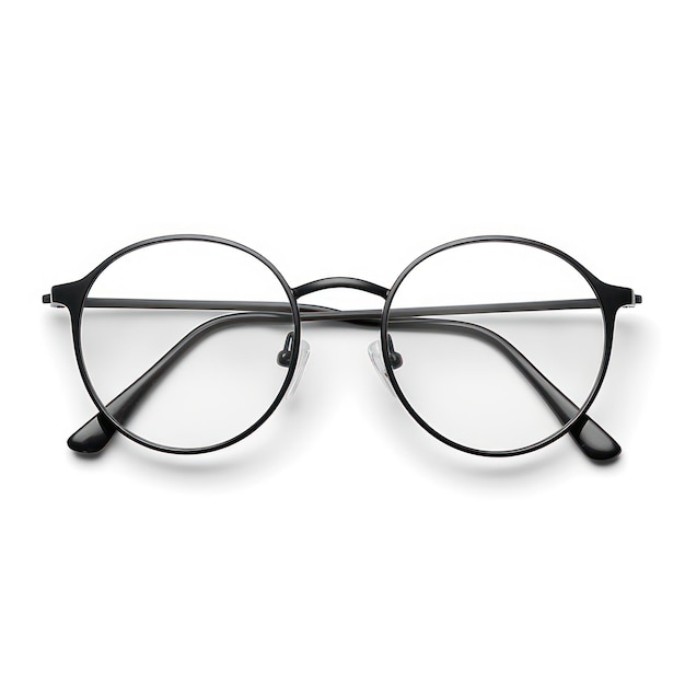 Occhiali neri rotondi con telaio metallico sottile in stile gotico accessori a sfondo bianco monocromatico