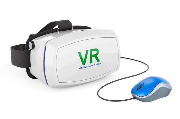 Occhiali per realtà virtuale bianchi VR con rendering 3D del mouse del computer