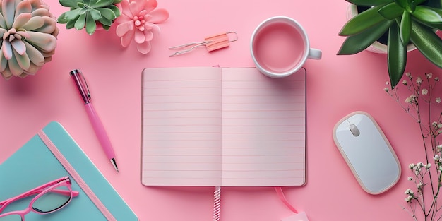 Occhiali un quaderno aperto una scrivania piena di materiali da ufficio e uno sfondo rosa Generative Ai