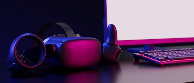 occhiali vr con joystick giochi per computer con schermo vuoto mockup neon light dark workspace