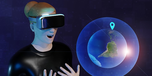 Occhiali VR mondo olografico vr realtà virtuale tecnologia di navigazione pianificazione del viaggio mappa del mondo