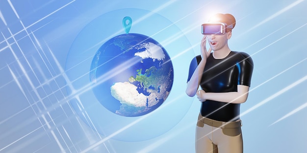 Occhiali VR mondo olografico vr realtà virtuale tecnologia di navigazione pianificazione del viaggio mappa del mondo