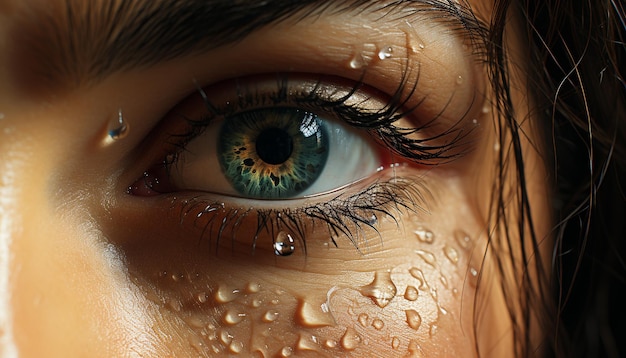 Occhio azzurro di giovane donna, bagnato da una goccia di natura generata dall'intelligenza artificiale