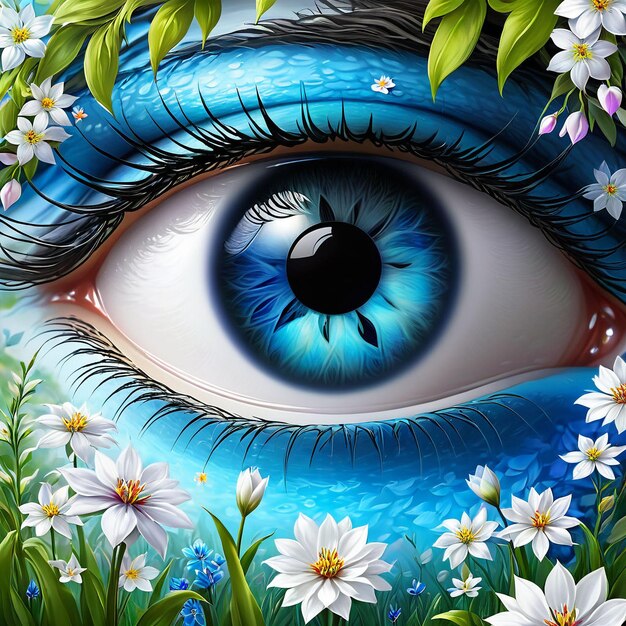Occhio blu nel giardino di fiori primaverili
