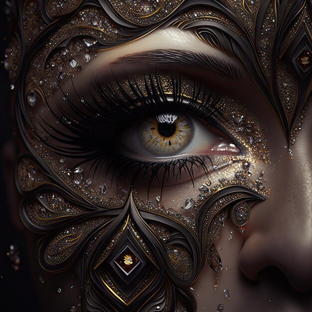 Occhio con trucco Super Black Gold Bella donna di lusso Eye Vantablack Makeup Generative AI Illustration