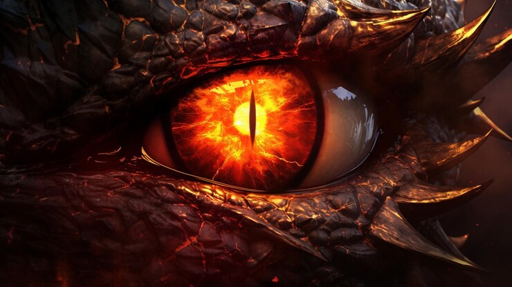 Foto occhio del drago mitologico in fiamme