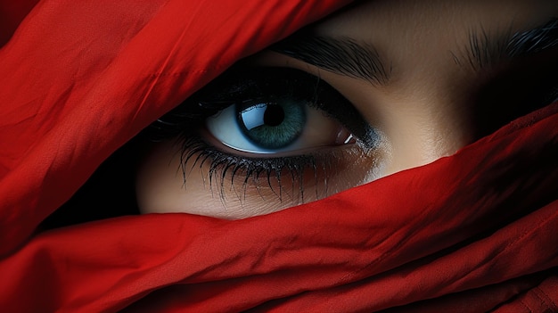 occhio di donna con velo di seta rossa