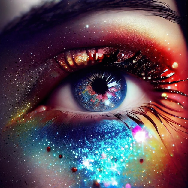Occhio di fantasia con il primo piano bel trucco L'occhio di una donna alla moda con colori vivaci