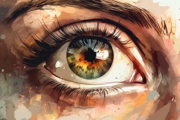 Occhio di ragazza macro marrone e verde disegnato in acquerello su carta testurizzata Pittura ad acquerello digitale