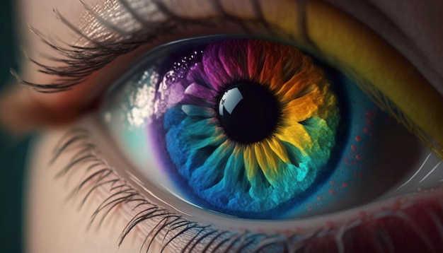 Occhio femminile con pupilla colorata Primo piano dell'occhio arcobaleno Generativo Ai