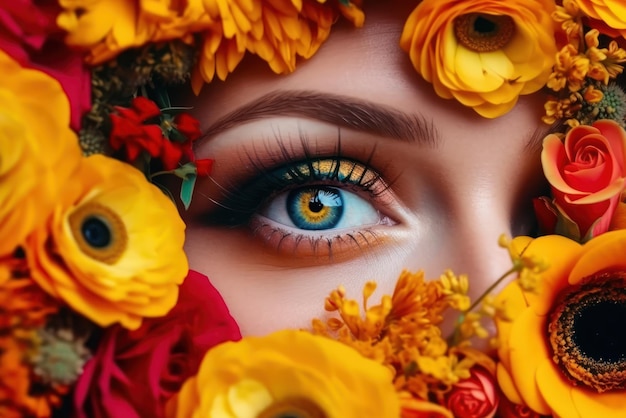 Occhio femminile con trucco carnaval in fiori femminilità bellezza cura della pelle generativa ai