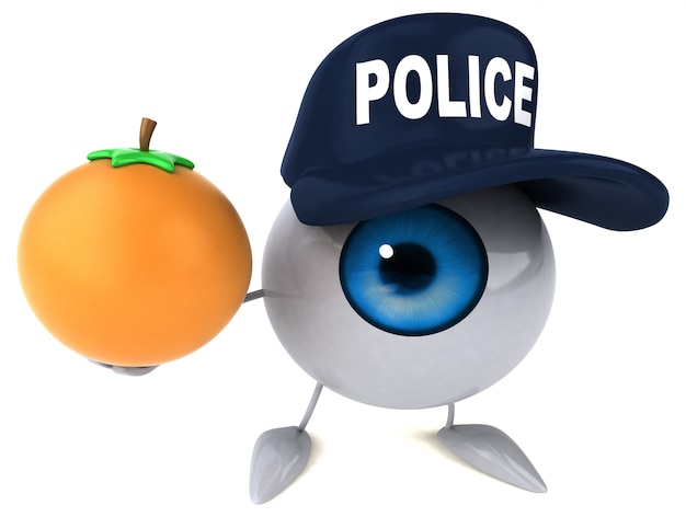 Occhio illustrato 3d che porta un cappello della polizia e che tiene un'arancia