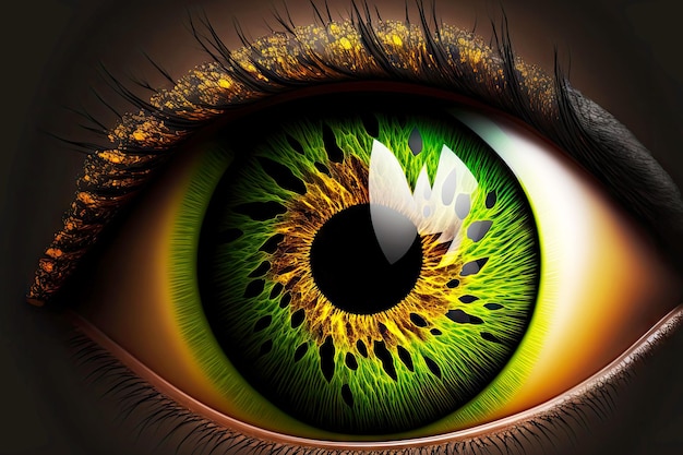 Occhio umano verde brillante con pupilla gialla e tratto marrone