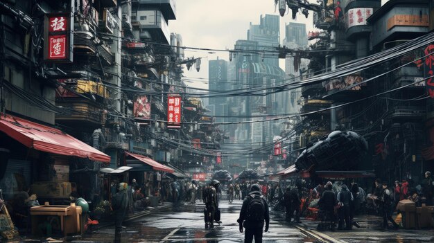 Occupato Cyberpunk City Street Sfondo AI generativa