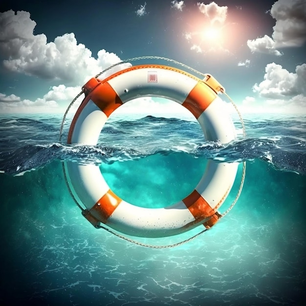 Ocean Rescue Life Buoy Ring come concetto SOS in un ampio banner con spazio di copia AI generativa