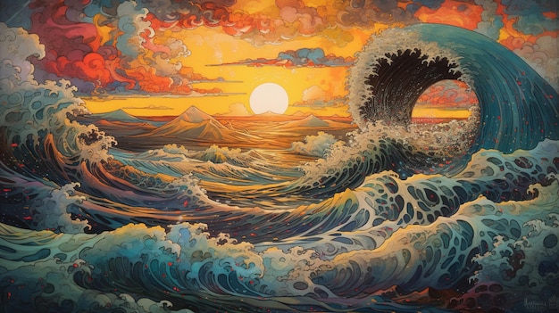 Oceano AI generativo nell'illustrazione lineare del tramonto stile manga psichedelico molto dettagliato