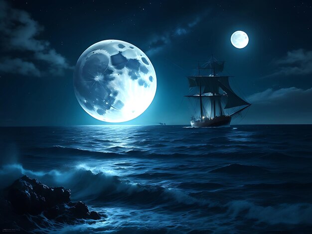 oceano con una nave al chiaro di luna