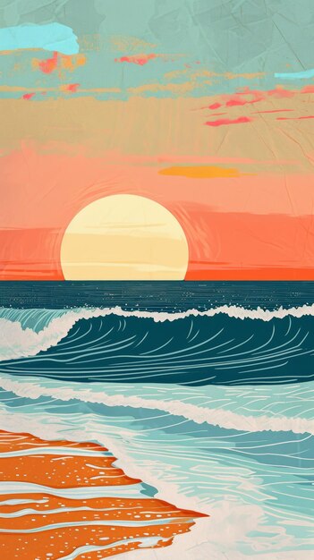 oceano e spiaggia con l'alba sullo sfondo in stile pop insposea dipendenza