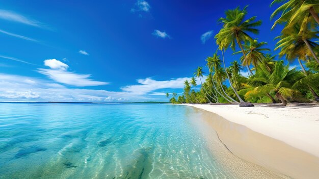 oceano sereno e spiaggia con acque cristalline e palme verdeggianti, paradiso tropicale