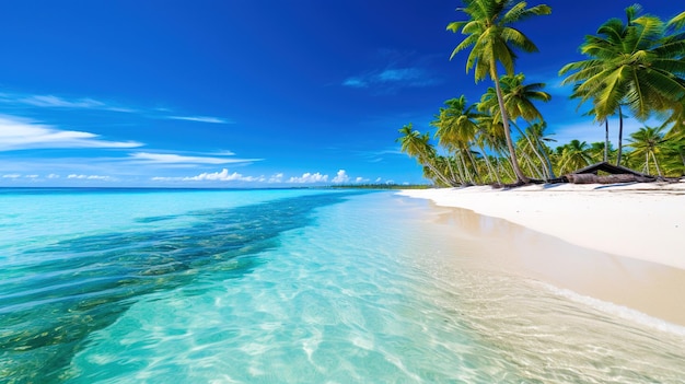 oceano sereno e spiaggia con acque cristalline e palme verdeggianti, paradiso tropicale