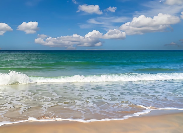 oceano verde con onde dolci litorale sabbioso soffici nuvole bianche nel cielo azzurro