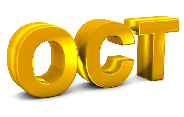 Oct Gold 3D Text Mese di ottobre Abbreviazione isolato su sfondo bianco 3D rendering.