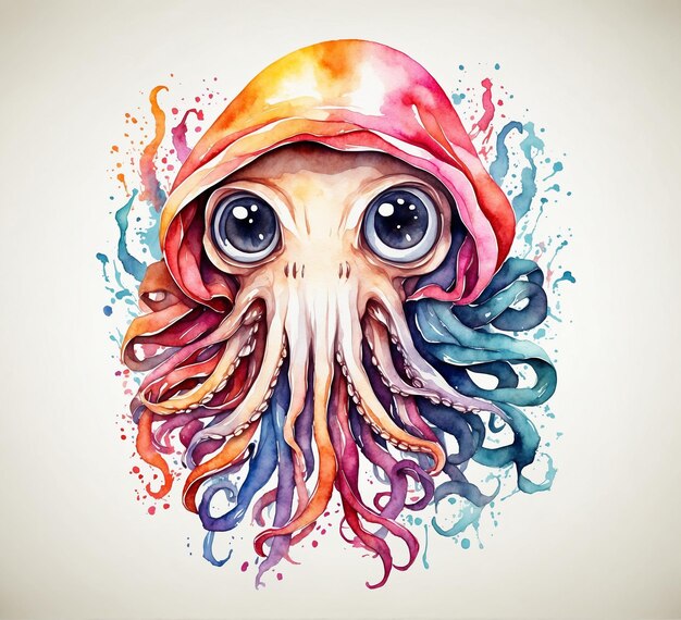 Octopus divertente Illustrazione ad acquerello disegnata a mano su sfondo bianco