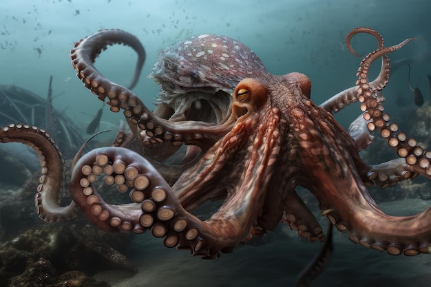 Octopus kraken che divora la sua preda con i suoi potenti tentacoli