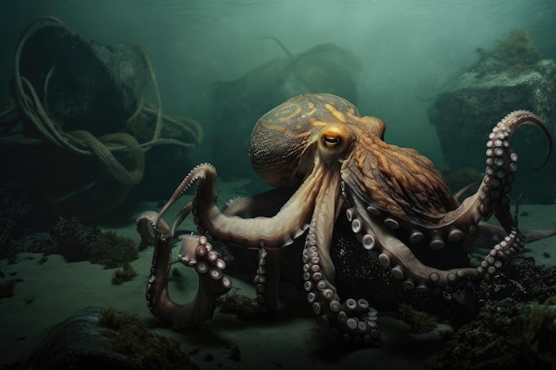 Octopus kraken in agguato in profondità oscure pronto ad attaccare