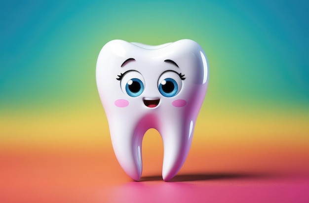 odontoiatria pediatrica stomatologia personaggio di cartone animato divertente di dente bianco su sfondo colorato