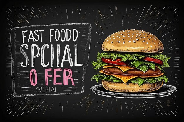 Offerta speciale di fast food vettoriale sulla lavagna illustrazione di cornice di cibo spazzatura disegnata a mano