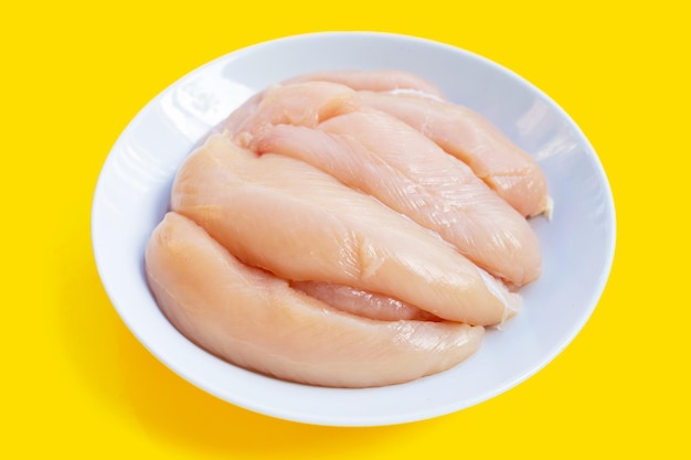 Offerte di pollo crudo in piatto bianco su sfondo giallo.