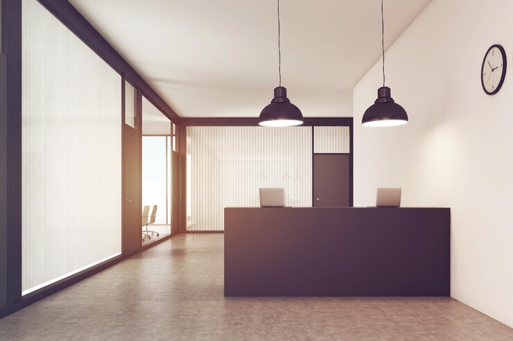 Photo office lobby with a reception counter toned