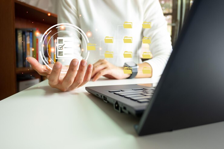 Officer using laptop manage files
