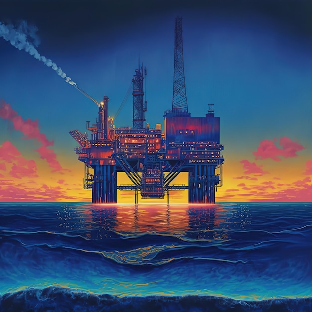 Offshore Oil or Gas Rig in mare al tramonto piattaforma di perforazione industriale nell'oceano Illustrazione 3d moderna e futuristica