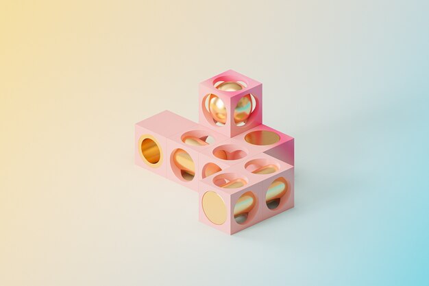 Oggetti cubo futuristici astratti su sfondo sfumato, rendering minimo 3d