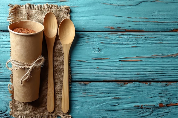 oggetti da tavola monouso ecologici in carta e legno su fondo di legno il concetto di riciclaggio