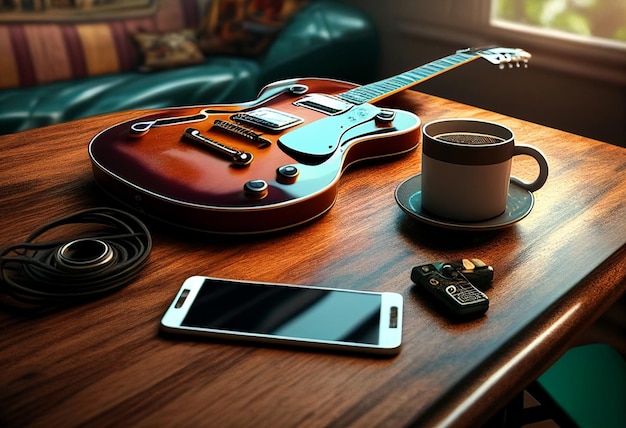 Oggetti musicali fotografici con gadget per chitarra e caffè sul tavolo in stile classico Giornata mondiale della musica