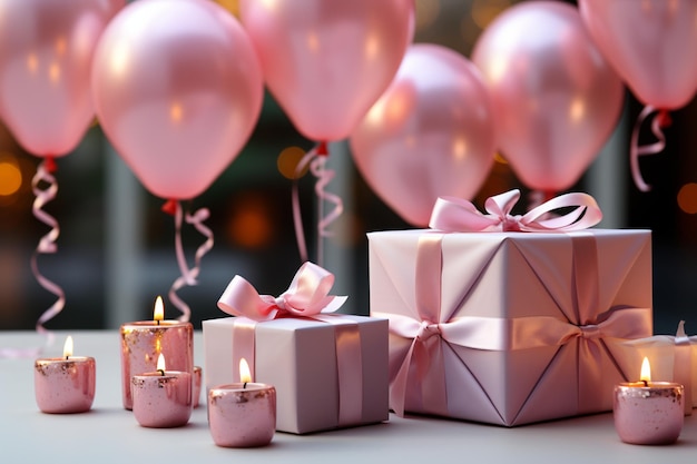 oggetti per feste di compleanno rosa in una confezione regalo con spazio vuoto per la copia