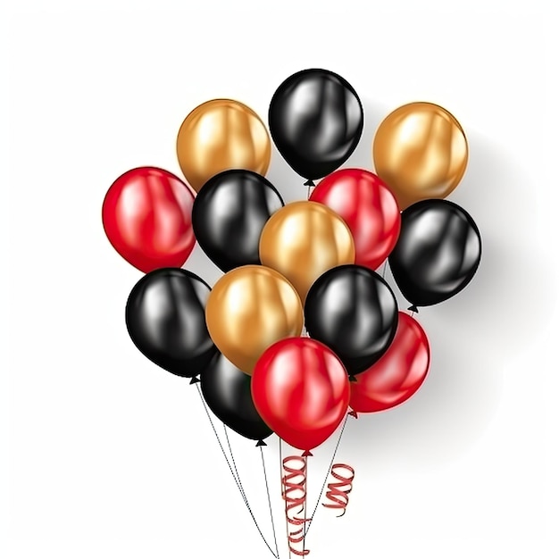 Oggetto 3D di palloncini neri e rossi con fiocco in nastro dorato